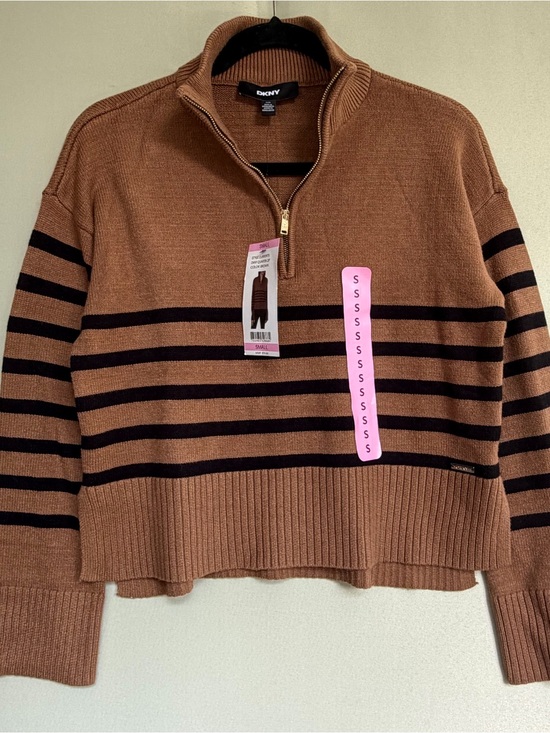 Dkny Sweaters - NEW Women's Brown Black Stripe DKNY Quarter Zip Sweater Size S